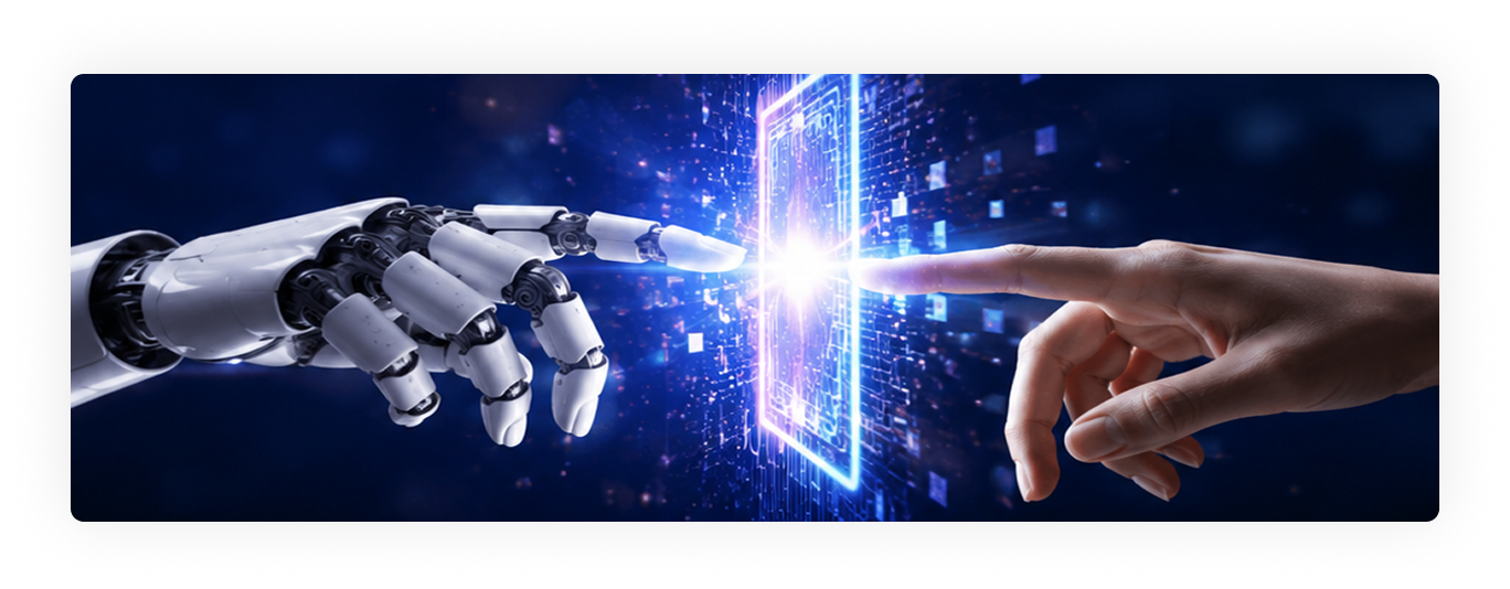 Robot hand and human hand touching a digital interface